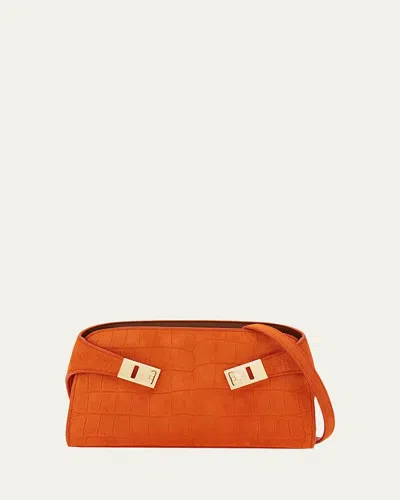 Ferragamo Hug Croc-embossed Suede Clutch Bag