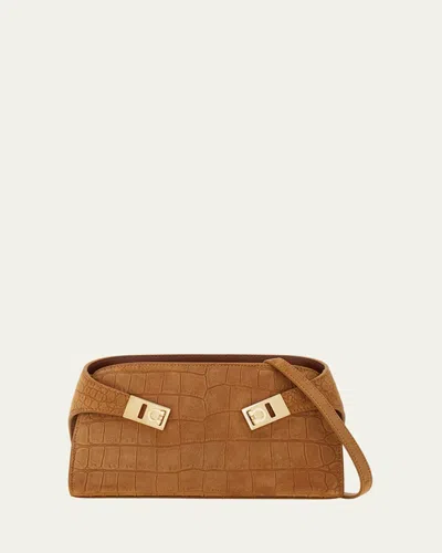Ferragamo Hug Croc-embossed Suede Clutch Bag In Neutral