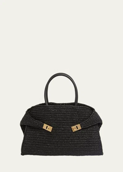 Ferragamo Medium The Hug Raffia Tote Bag In Nero