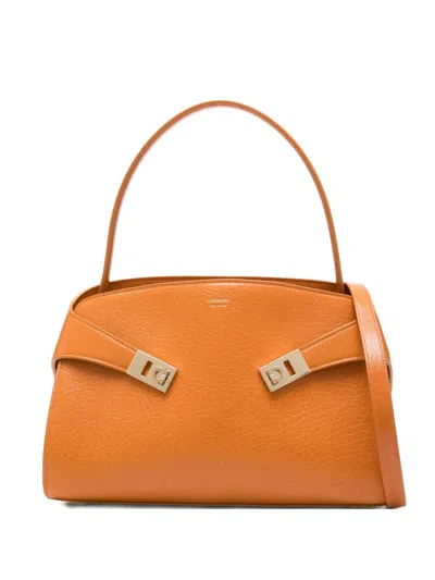 Ferragamo Hug Curved-top Clasp Tote Bag In Orange