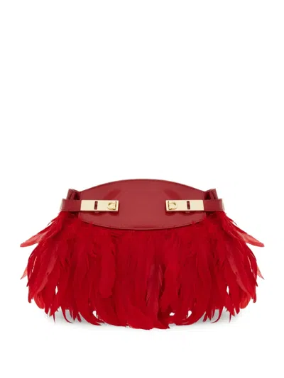 Ferragamo Hug Feather-trimmed Cross Body Bag In Red