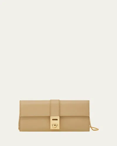 Ferragamo Hug Flap Leather Wallet On Chain In Stone