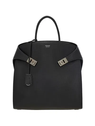 Ferragamo Hug Gancini -buckle Calfskin Tote Bag In Black