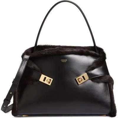 Ferragamo Hug Genuine Shearling Trim Leather Satchel In Black