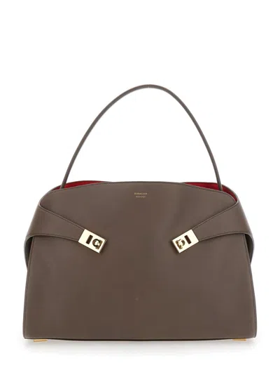 FERRAGAMO 'HUG' GREY SHOULDER BAG WITH LOGO PRINTED ON FRONT IN LEATHER WOMAN