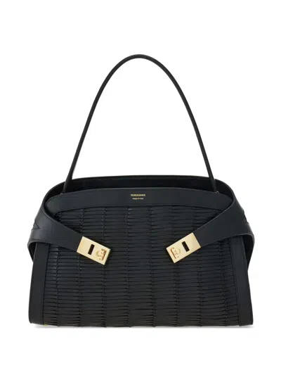 Ferragamo Hug Small Embellished Leather Tote In Black