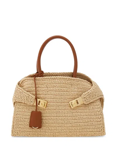 Ferragamo Medium Raffia Hug Handbag In Brown
