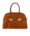 Ferragamo Hug S Beige Handbag With Logo And Gancini Buckle In Leather Woman In Brown