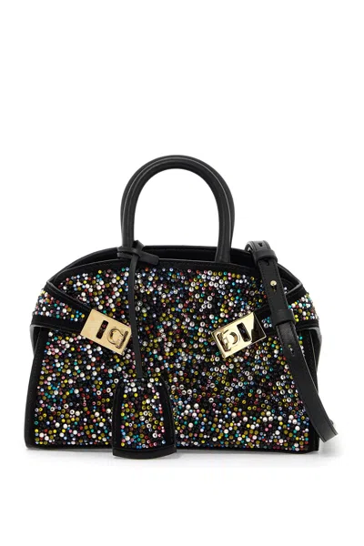 Ferragamo Glamourous Black Suede Handbag With Crystal Details In Multicolor