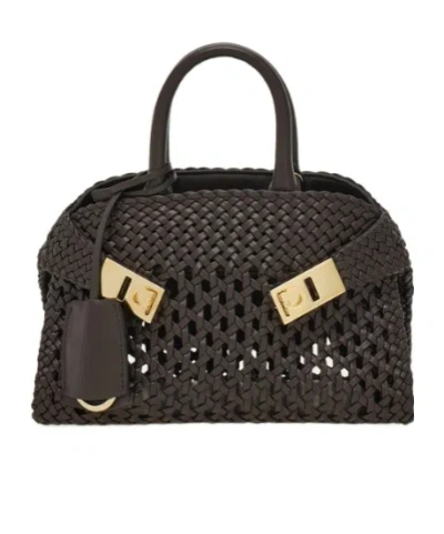 Ferragamo Hug Small Woven Leather Tote In Brown
