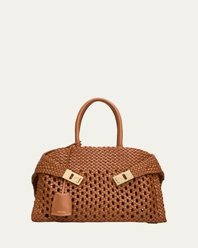 Ferragamo Hug Intrecciato Leather Medium Handbag In Neutral