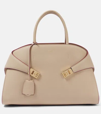 Ferragamo Hug Large Leather Tote Bag In Beige