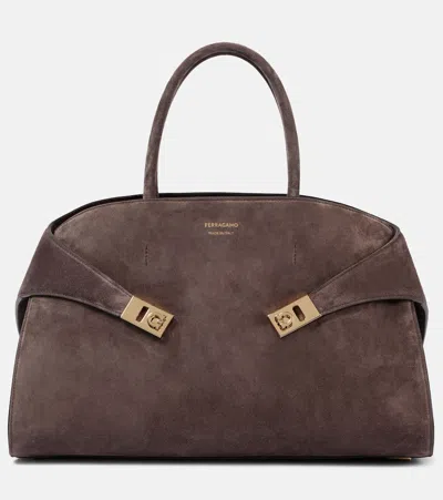 Ferragamo Hug Large Suede Tote Bag In Brown