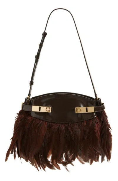 Ferragamo Hug Leather & Feathers Clutch In Brown