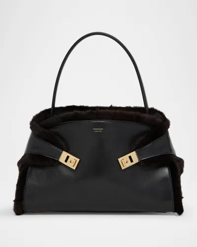 Ferragamo Hug Leather & Shearling Shoulder Bag In Black