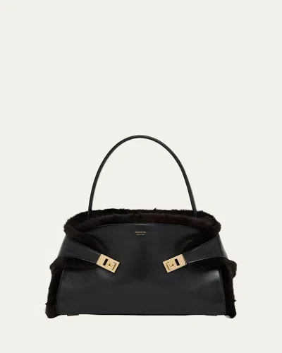 FERRAGAMO HUG LEATHER & SHEARLING SHOULDER BAG