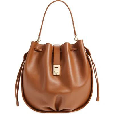 Ferragamo Hug Buckle Leather Bucket Bag In Brown