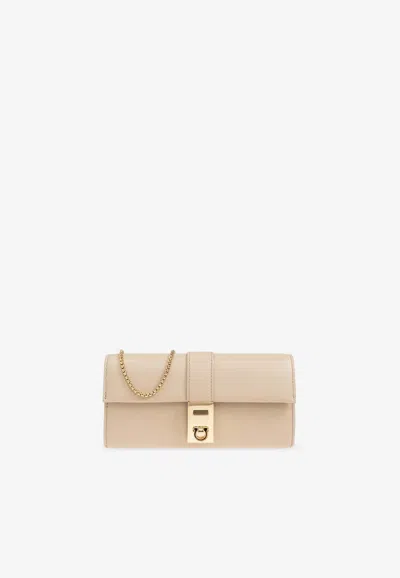 Ferragamo Hug Leather Chain Clutch In Beige
