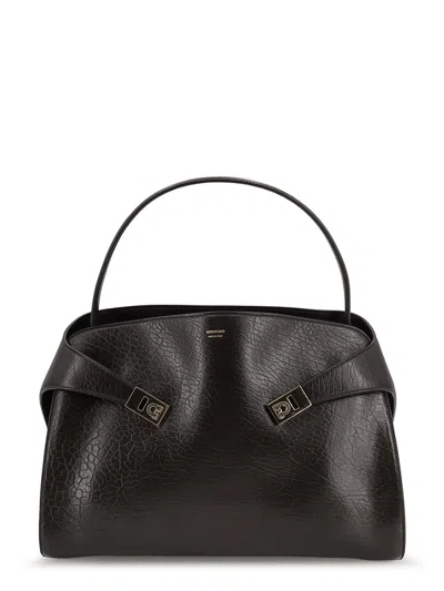 Ferragamo Hug Leather Shoulder Bag With Logo On The Front In Black