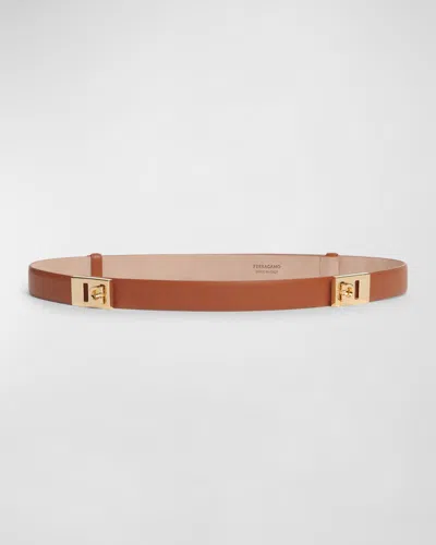 Ferragamo Hug Leather Skinny Belt In Brown
