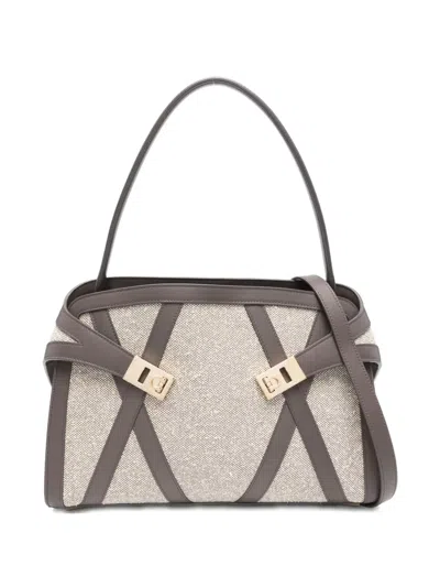 Ferragamo Hug Leather-trimmed Tote Bag In Gray