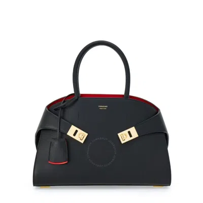Ferragamo Hug Logo Printed Leather Tote Bag In Black