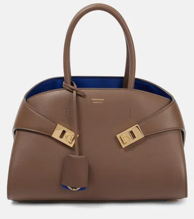 Ferragamo Hug Medium Leather Tote Bag In Clay/lapis/lapis
