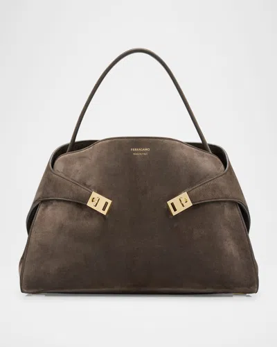FERRAGAMO MEDIUM HUG SOFT SUEDE BICOLOR SHOULDER BAG