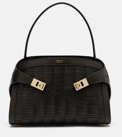 Ferragamo Leather Hug Tote Bag Metal Hardware Top Handle In Brown