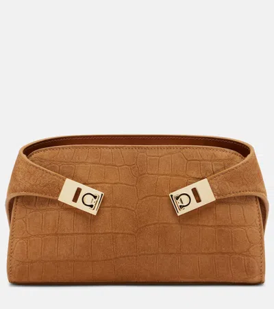 Ferragamo Suede Mini Hug Crossbody Bag Crocodile Texture In Brown
