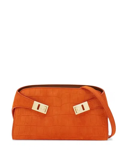 Ferragamo Suede Hug Clutch Crocodile Texture Top Handle In Orange