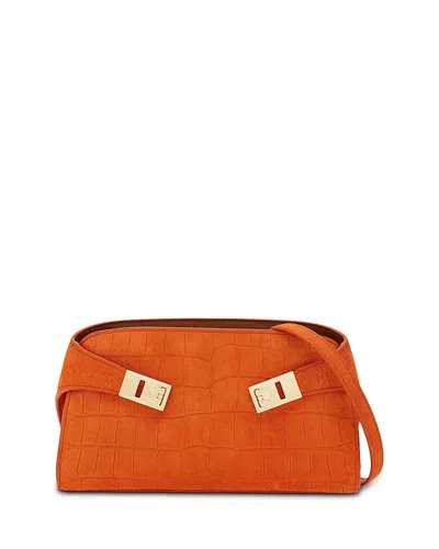 Ferragamo Hug Croc-effect Suede Shoulder Bag In Orange