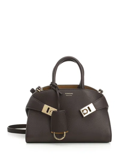Ferragamo Hug Mini Tote Bag Brown With Ocra Inside Handbags Brown