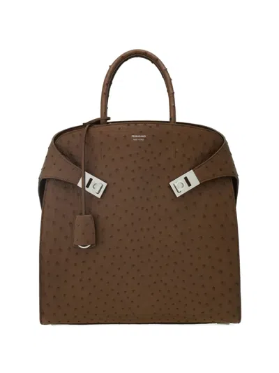 Ferragamo Hug Ostrich Leather Gancini-buckle Tote Bag In Brown