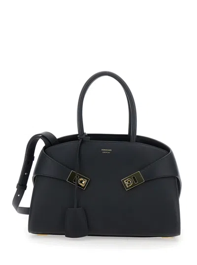 FERRAGAMO HUG S BLACK HANDBAG WITH LOGO AND GANCINI BUCKLE IN LEATHER WOMAN
