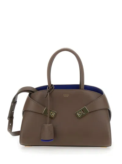 FERRAGAMO HUG S BROWN HANDBAG WITH LOGO AND GANCINI BUCKLE IN LEATHER WOMAN