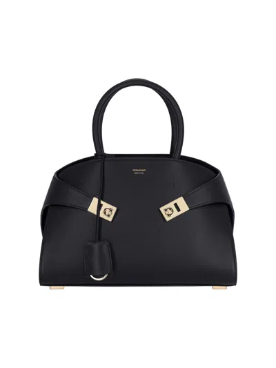Ferragamo Hug Top Handle Leather Handbag In Black  
