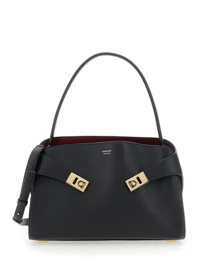 FERRAGAMO HUG BLACK SHOULDER BAG WITH LOGO PRINT ON THE FRONT IN LEATHER WOMAN