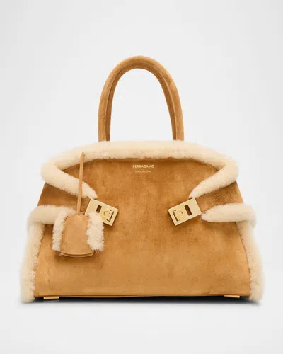 Ferragamo Hug Sheep Fur And Suede Top-handle Bag In Naturale