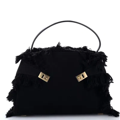 Ferragamo Hug Shoulder Bag Fringed Canvas And Leather Large In Black