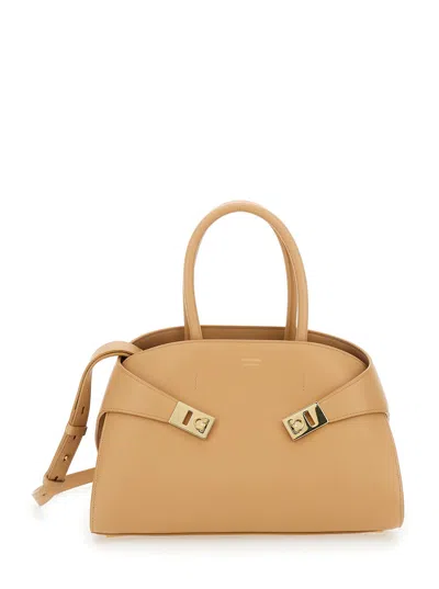Ferragamo Hug Small Beige Handbag With Logo And Gancini Buckle In Leather Woman