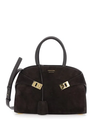 Ferragamo Hug Small Brown Handbag With Logo And Gancini Buckle In Suede Woman In Black