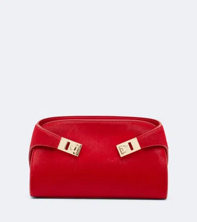 Ferragamo Hug Small Calf Hair Clutch In Red