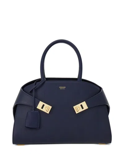 Ferragamo Hug Small Leahter Tote Bag In Blue