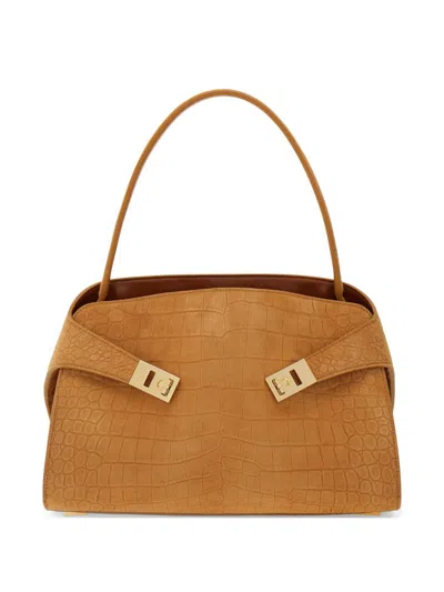 Ferragamo Hug Small Leather Tote Bag In Sand