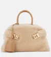 Ferragamo Hug Small Shearling Tote Bag In Naturale/camel