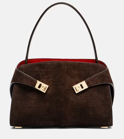 Ferragamo Structured Crocodile-embossed Handbag With Gold-tone Accents In Brown
