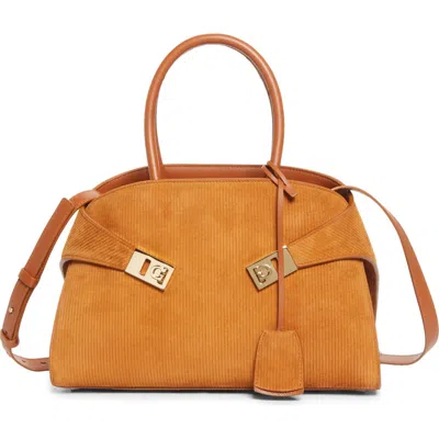 Ferragamo Hug Small Suede Top Handle Bag In Sand