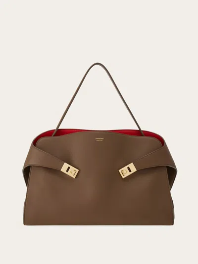 Ferragamo Hug Soft Brown Shoulder Bag In Beige