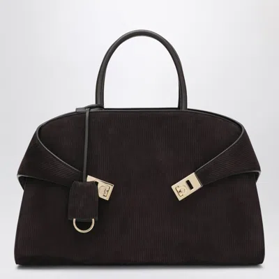 FERRAGAMO FERRAGAMO HUG SOFT L BROWN SUEDE SHOULDER BAG